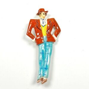 Dandy Man Novelty Brooch Vintage‎ 1940s Figural Celluloid Pin Red Blue Yellow